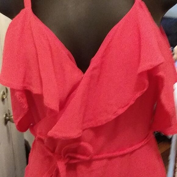 Cupcakes And Cashmere Flirty Ruffled Dark Coral Wrap Mini Dress size 4. - Picture 3 of 7